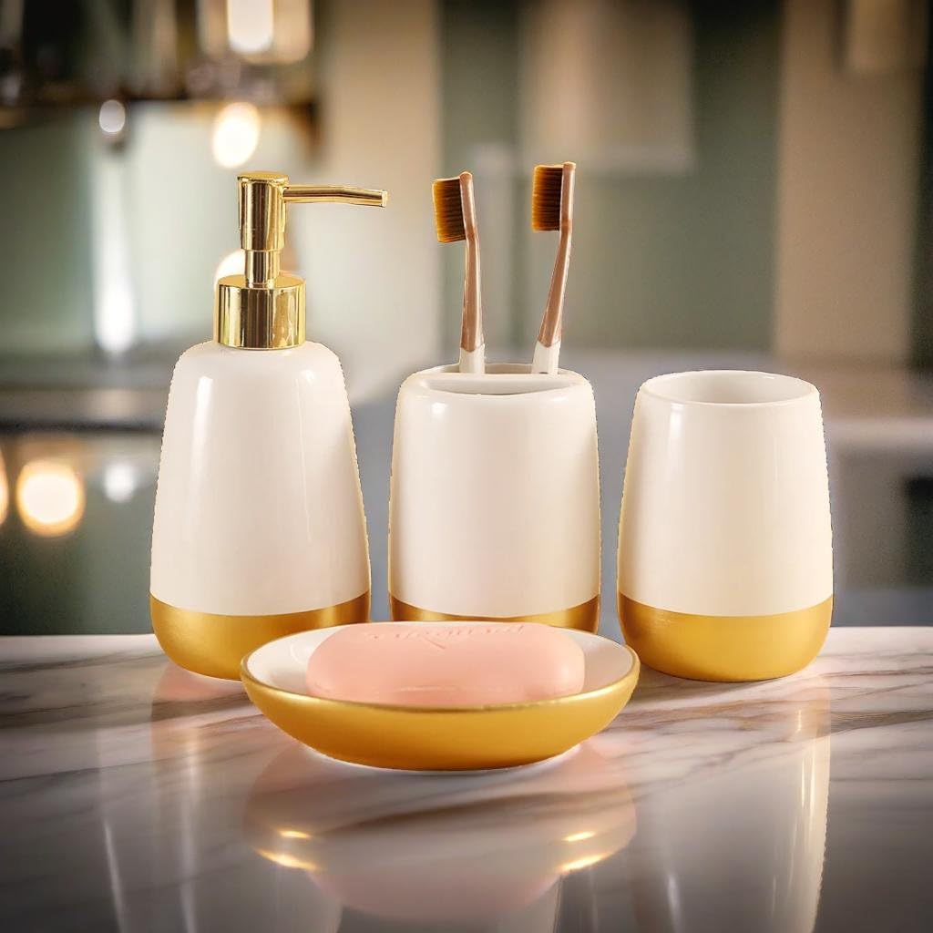 Elegant White with Gold Bathroom accesory Set 4pc,Toothbrush Holder soap Dispenser soap Dish Tumbler Cup for Bathroom Decor Morden Style (White 2)