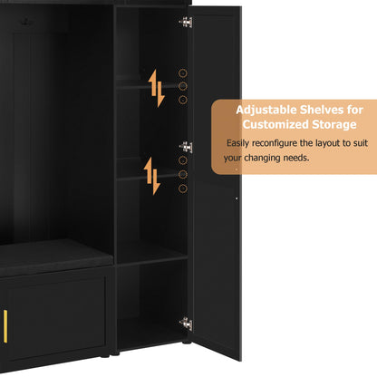 Amposei Modern Hall Tree with Shoe Storage Bench & Coat Rack, 79.72''H Tall Entryway Cabinet Organizer with 6 Doors, 4 Hooks & Padded Seat for Hallway Mudroom Living Room, Black