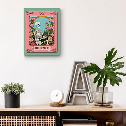 The Reader Tarot Card Wall Art, Funny Skeleton Wallpaper Artwork, Floral Framed Canvas Prints Whimsical Decor, Gothic Theme Prints for Living Room Entryway Bedroom Book Shelf 15x11.4 inch