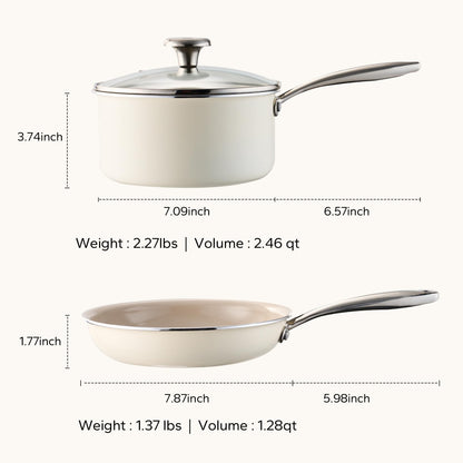Redchef Sauce Pan & Frying Pan Set, 8" Ceramic Nonstick Fryingpan & 2.5Qt Saucepan with Lid, Mini Cookware Set, Induction Compatible, Nontoxic PTFE PFOA Free, Oven & Dishwasher Safe, Beige