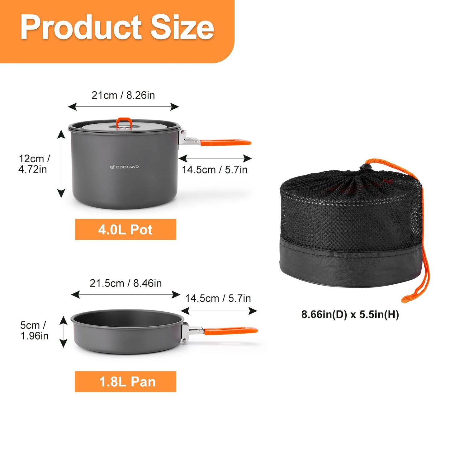 Odoland Camping Cookware Mess Kit, Non-Stick Lightweight Camping Pot and Fry Pan Set with Mesh Bag for Backpacking, Outdoor Cooking and Picnic, for 3-4 People and More