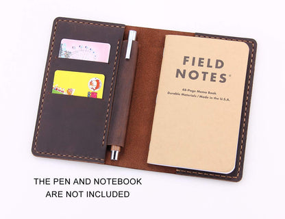 Leather Notebook Cover for Field Notes, Handmade Journal Cover for Moleskine Cahier Journal, Leather Cover with Pen Holder fits 3.5" x 5.5" Pocket Notebook - Coffee