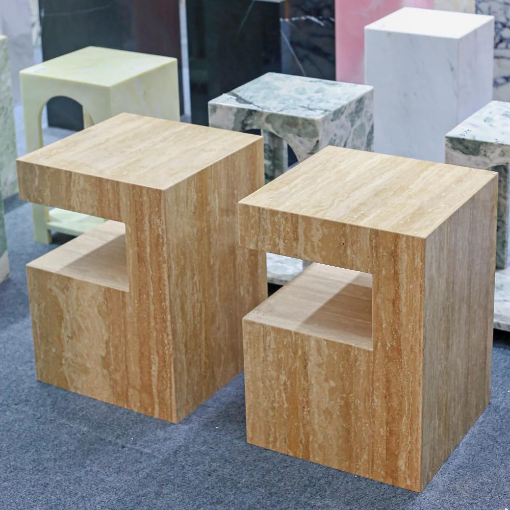Italian Travertine C-Shaped End Table, Luxurious Natural Stone Coffee Table Suitable for for Living Room Bedroom Bathroom Small Spaces, No Installation Travertine Sofa Table for Modern Home Decor