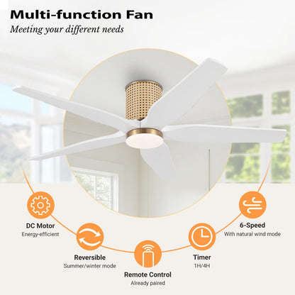 LEDLUX 54" Ceiling Fan with Light - Low Profile Flush Mount Ceiling Fan, 6-Speed Remote Control, Solid Wood, Quiet Reversible DC Motor, White/Gold Finish, for Bedroom, Living Room, Porch