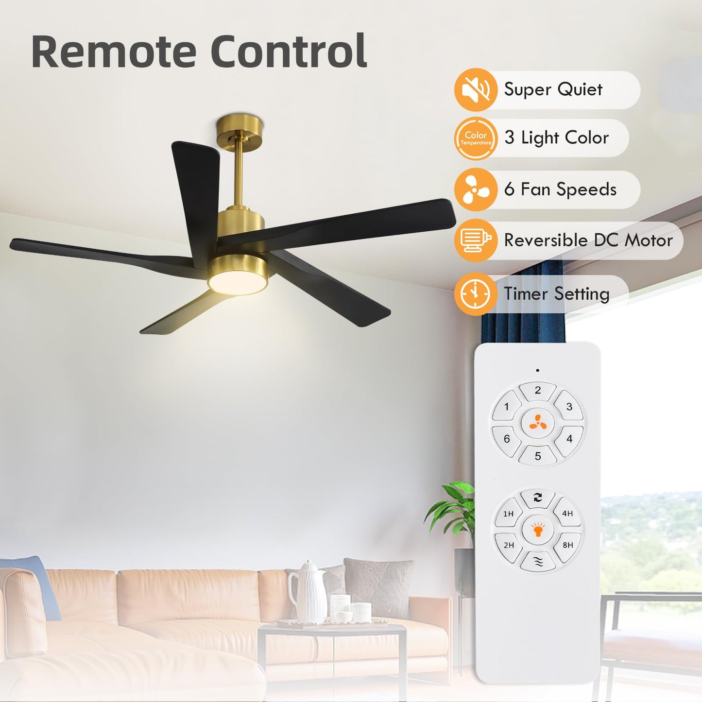 WINGBO 64" ABS DC Ceiling Fan with Lights, 5 Blade ABS Plastic Ceiling Fan with Remote, 6-Speed Reversible DC Motor, LED Ceiling Fans for Kitchen Bedroom Living Room, Brass and Matte Black