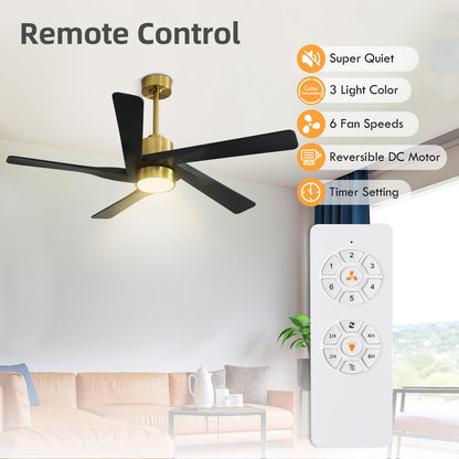 WINGBO 64" ABS DC Ceiling Fan with Lights, 5 Blade ABS Plastic Ceiling Fan with Remote, 6-Speed Reversible DC Motor, LED Ceiling Fans for Kitchen Bedroom Living Room, Brass and Matte Black
