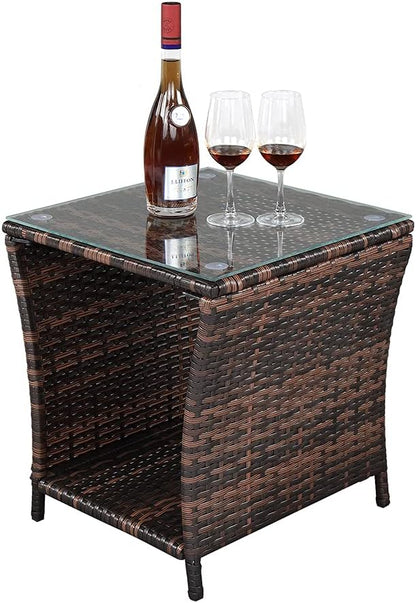 Rpuzonier Wicker Rattan Side Table, Outdoor Square Rattan Coffee End Table with Tempered Glass Top and Storage