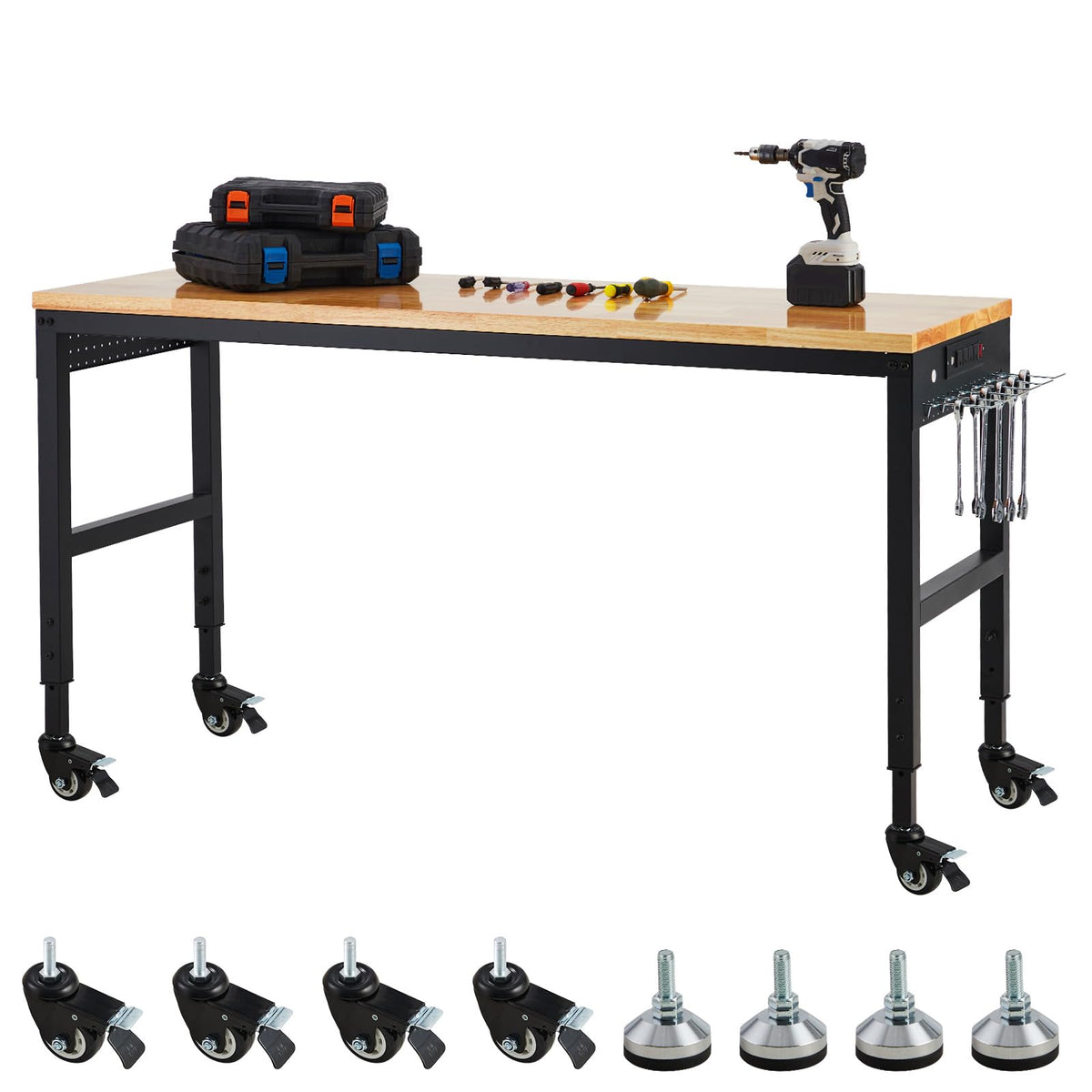 Workbench Adjustable 75' x 25', 2000 Lbs Load Capacity, 29.5"-38.4" Heights Garage Worktable with Universal Wheels & Power Outlet, Heavy-Duty Table for Workshop Office Home Commercial
