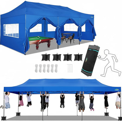 COBIZI 10x30 Pop up Canopy Heavy Duty Outdoor Extra Thick Frame Tents with 8 sidewalls for Parties UPF 50+ Waterproof Commercial Gazebo with Roller Bag, Blue(Windproof Upgraded)