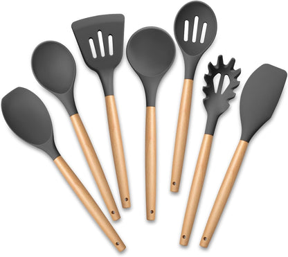 TeamFar Kitchen Utensils Set of 7, Silicone Cooking Tools with Wooden Handles for Baking, Mixing, Non-toxic