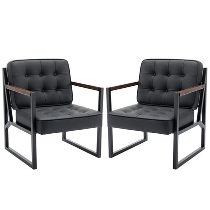 COLAMY Mid Century Modern Accent Chair Set of 2, Comfy Living Room Chair, Black Leather Accent Chair, Faux Leather Reception Armchair with Metal Legs for Living Room Bedroom Reception Office, Black