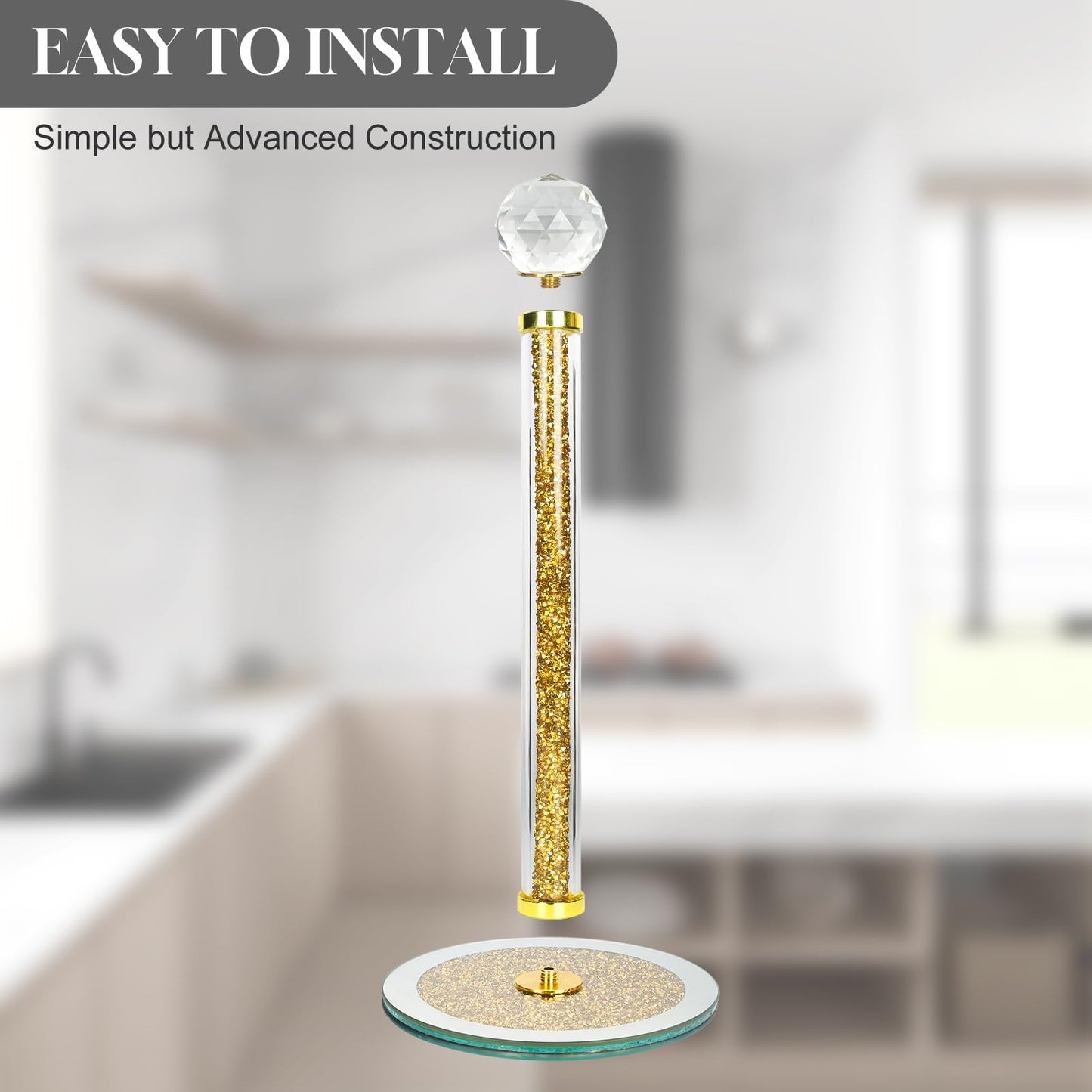 Paper Towel Holder Stand,Gold Countertop Paper Towel Roll Dispenser Holders with Round Base, Tissue Countert Filled with Crystal Sparkly Crushed Diamonds House Decor for Kitchen Bathroom，Heavy Weight