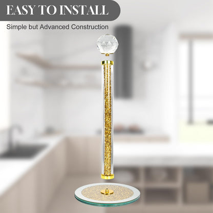 Paper Towel Holder Stand,Gold Countertop Paper Towel Roll Dispenser Holders with Round Base, Tissue Countert Filled with Crystal Sparkly Crushed Diamonds House Decor for Kitchen Bathroom，Heavy Weight