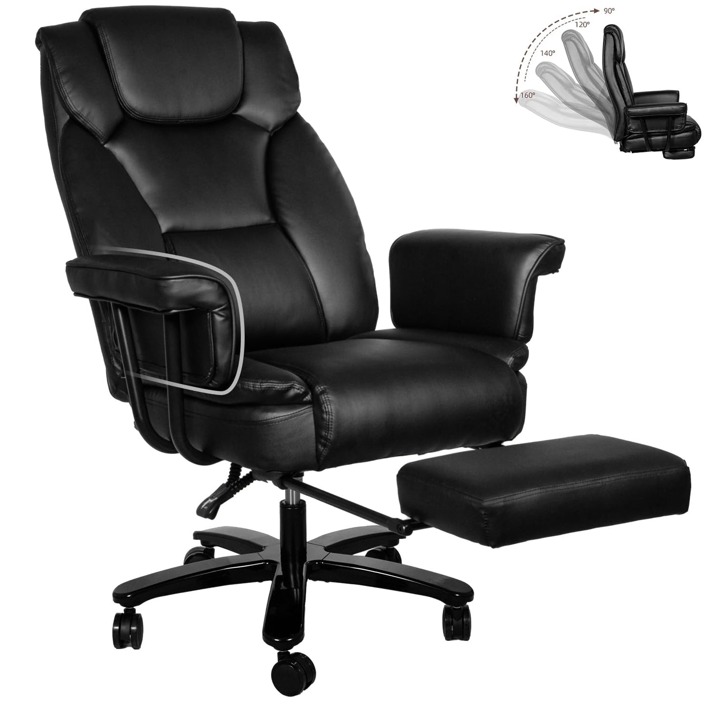 Sucrever Reclining Office Chair with Footrest, Big and Tall Home Office Desk Chairs 400lbs with High Back, Criss Cross Wide Seat, Heavy Duty Base, Pu Leather, Black