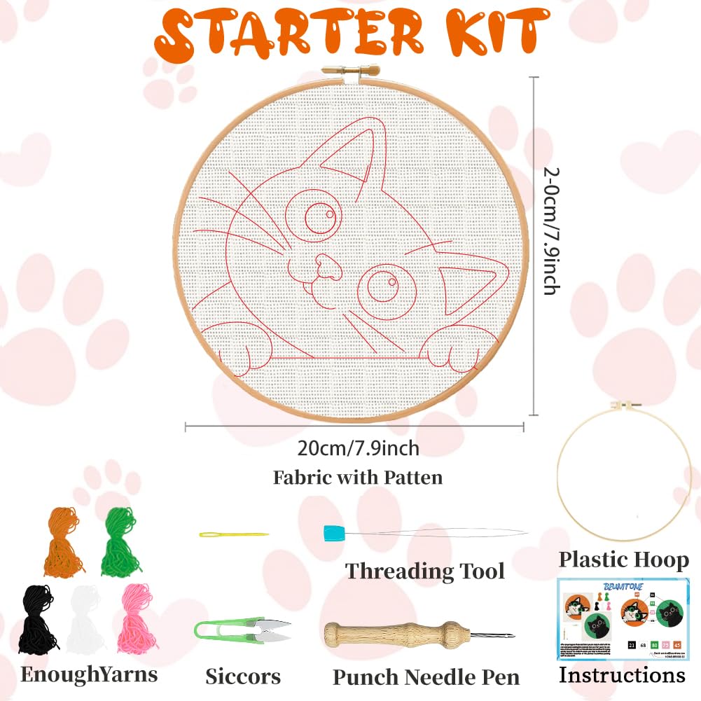 BEUNITONE 2Pcs Cute Cat Punch Needle Kit for Beginners, Starter Embroidery Kits with Frame & Instructions, Needle Felting Kit Poke Art for Adults DIY Handmade Craft for Coasters, Bags, Clothes Decor