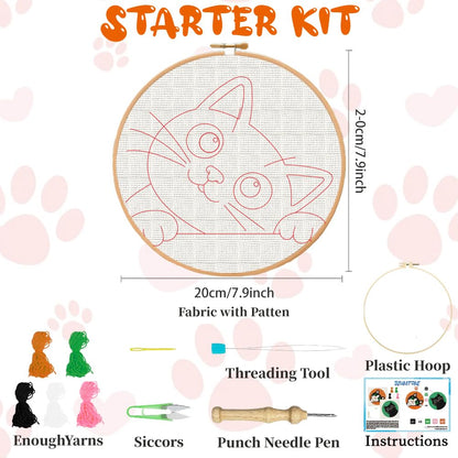 BEUNITONE 2Pcs Cute Cat Punch Needle Kit for Beginners, Starter Embroidery Kits with Frame & Instructions, Needle Felting Kit Poke Art for Adults DIY Handmade Craft for Coasters, Bags, Clothes Decor