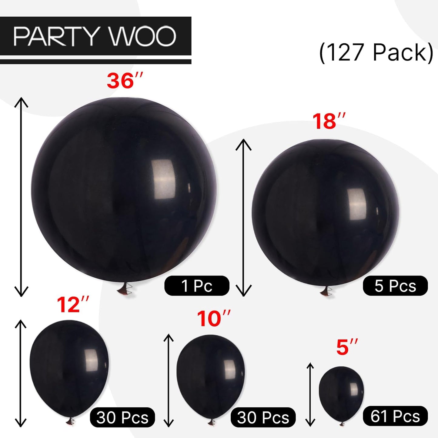 PartyWoo Black Balloons - 127-Piece Matte Latex Balloon Arch Kit for Graduation, Halloween, & Birthdays | Various Sizes 5-18 Inch