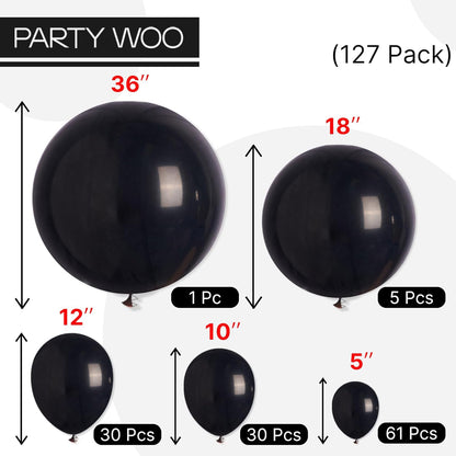PartyWoo Black Balloons - 127-Piece Matte Latex Balloon Arch Kit for Graduation, Halloween, & Birthdays | Various Sizes 5-18 Inch