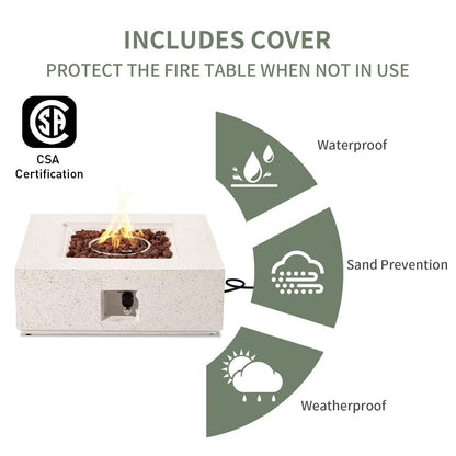 COSIEST Outdoor Propane Fire Pit Coffee Table w Square Faux Stone 35-inch Base, 50,000 BTU Stainless Steel Burner, Free Lava Rocks and Rain Cover
