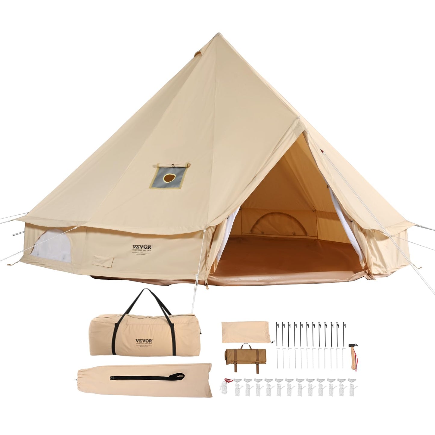 VEVOR Canvas Bell Tent,4 Seasons 5 m/16.4 ft Yurt, for Camping with Stove Jack, Family Camping Outdoor Hunting Party