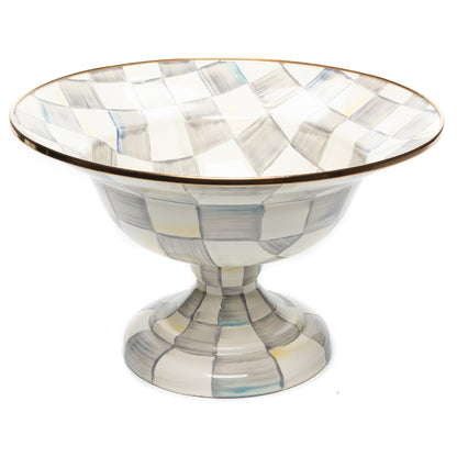 MACKENZIE-CHILDS Enamel Compote, Cute Enamel Pedestal Serving Dish or Decorative Bowl, Large, Gray-and-White Sterling Check