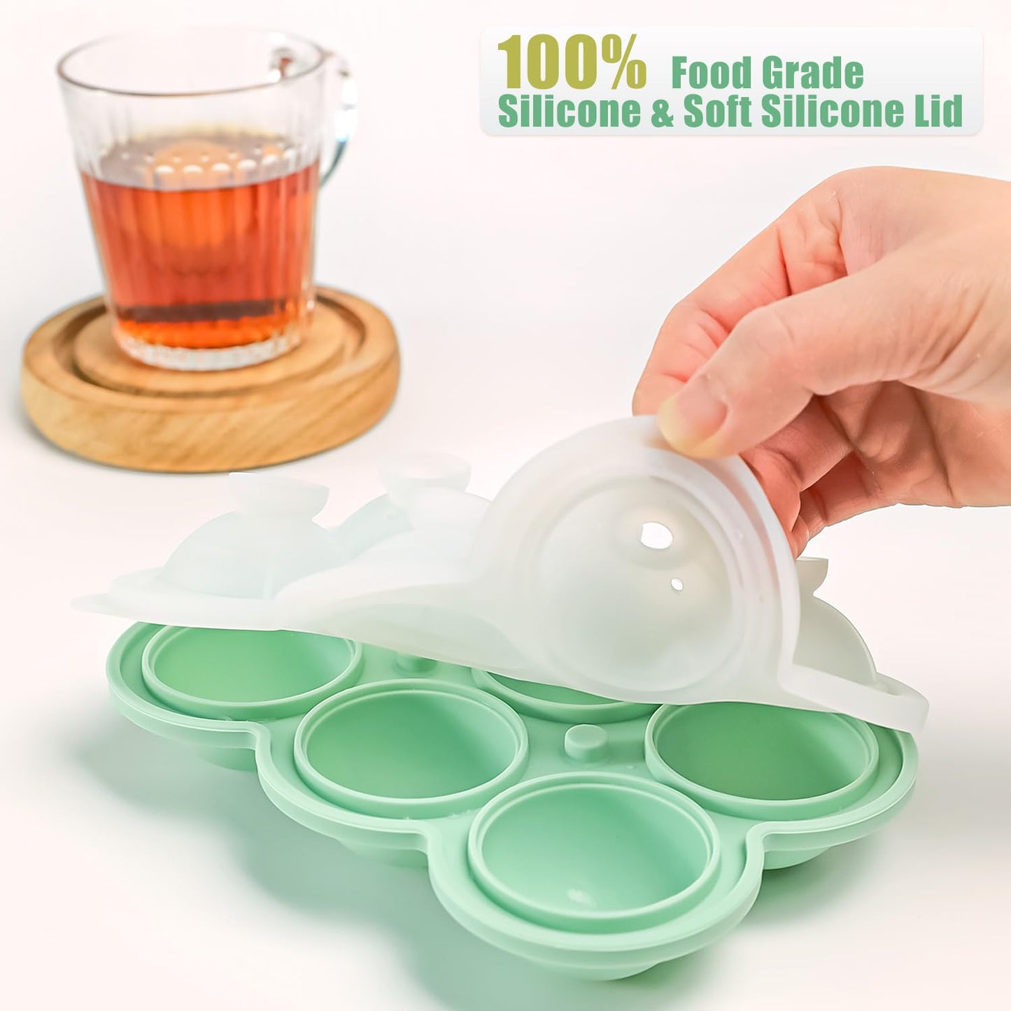 QELEG Large Ice Ball Maker with Lid, 2.2 inches Big Cubes, Easy Release Silicone Ice Cube Trays for Freezer, Perfect Spheres Craft Ice Maker for Whiskey, Cocktails, Gifting, Green, 1pcs/6 Sphere
