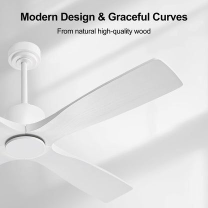 LEDLUX 54" Ceiling Fan without Lights -Modern Ceiling Fan no Light, 6-Speed Remote, 4 Solid Wood Blades, Quiet DC Motor, for Bedroom, Living Room, Outdoor, White
