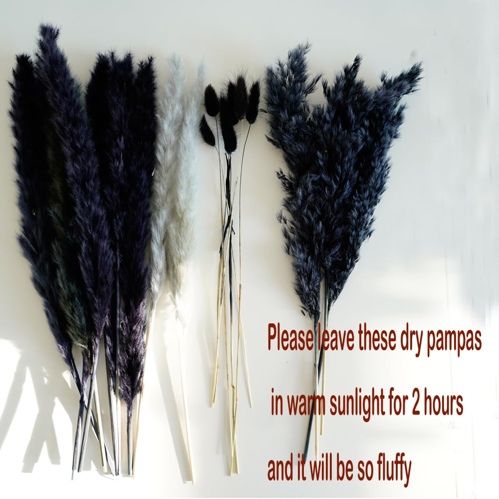 Natural Dried Pampas Grass Bouquet, 17" Black and Dark Grey Dried Flower Bouquet, Mixed with Thistle, Bohemian Style Home Dried Flower Decoration, DIY Assembly