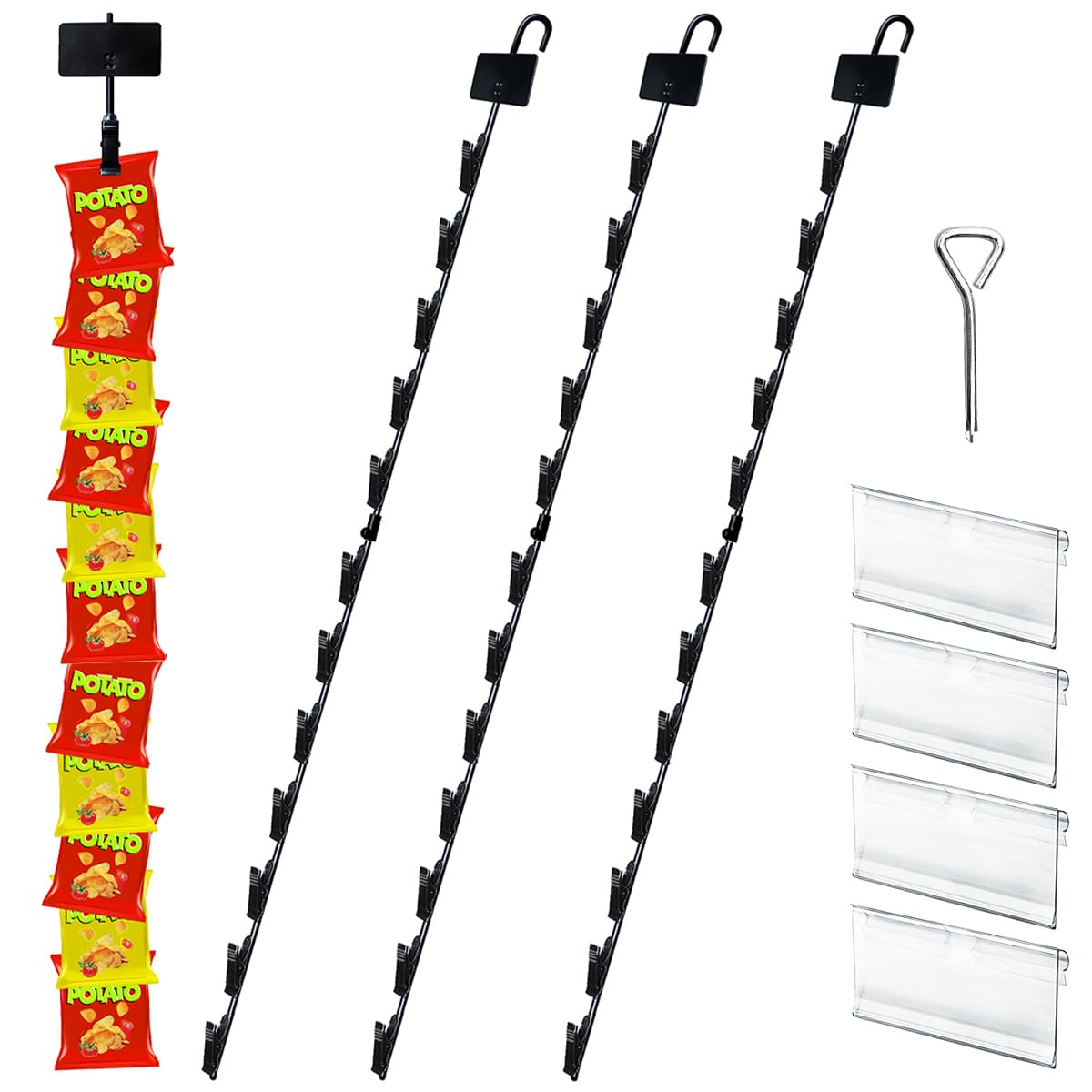 Dafftos Hanging Merchandise Strips with Hooks Chip Display Rack Stands Potato Bag Holder 12 Clips for Retail 32 inches Displaying Black Label Headers Card Snacks Metal 4 Pack