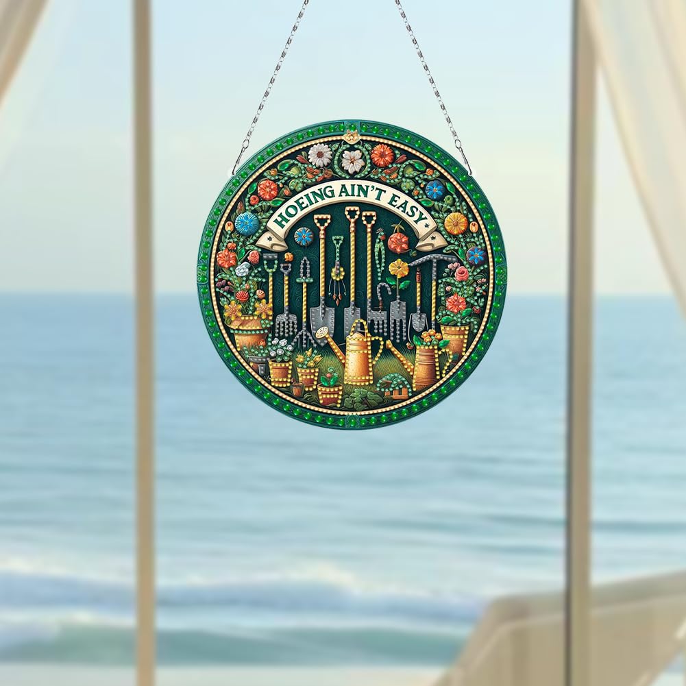 C'eitura 2D Flat DIY Flower Garden Tools -Hoeing ain;t Easy Diamond Art Painting Window Hanging Art,Crystal Diamond Gem Art Suncatchers Painting Pendant for Home Wall Decor