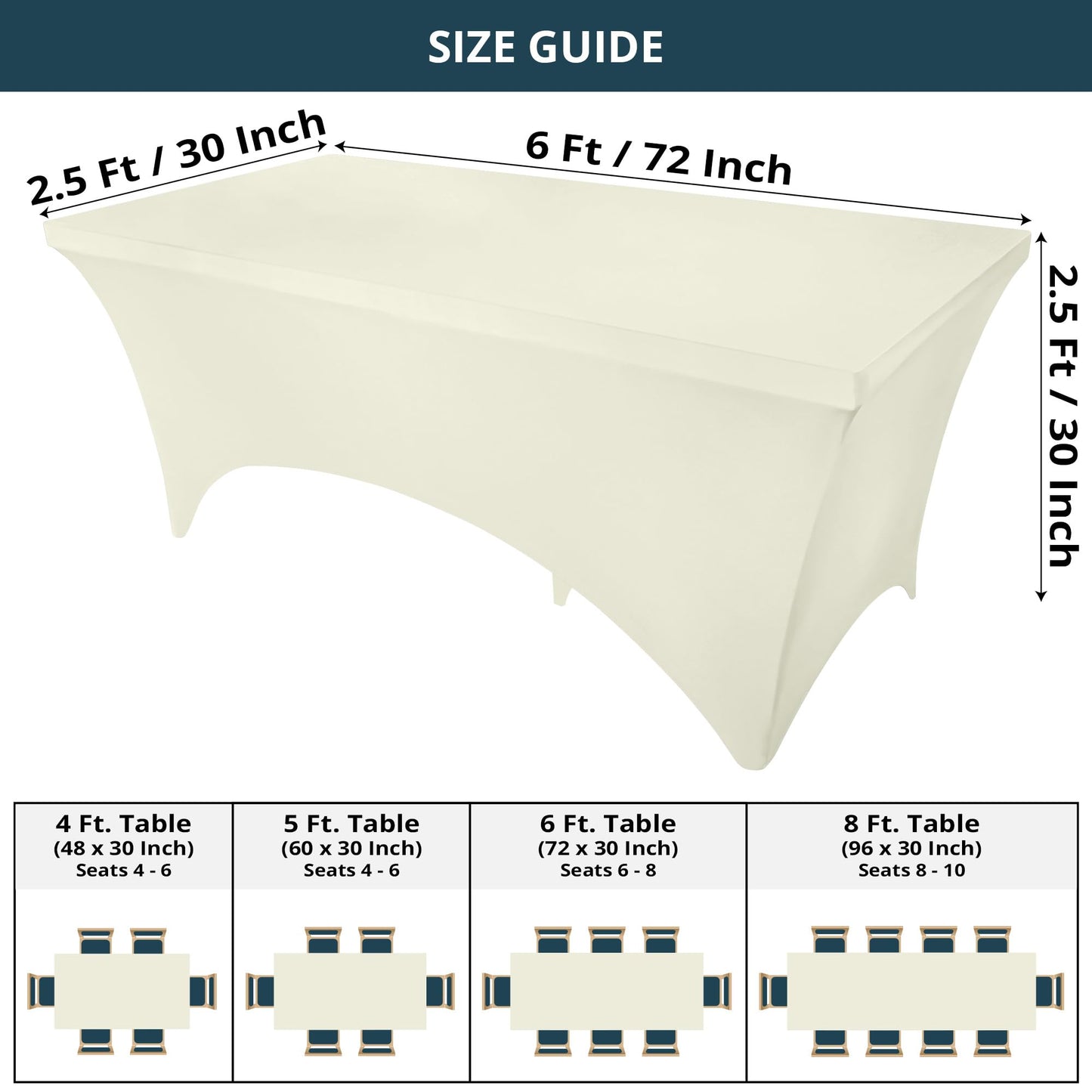 Utopia Kitchen Spandex Tablecloth 2 Pack [6FT, Ivory] Tight, Fitted, Washable and Wrinkle Resistant Stretch Table Cloth Rectangle Cover for Trade Show, Weddings & Parties [72Lx30Wx30H Inch]