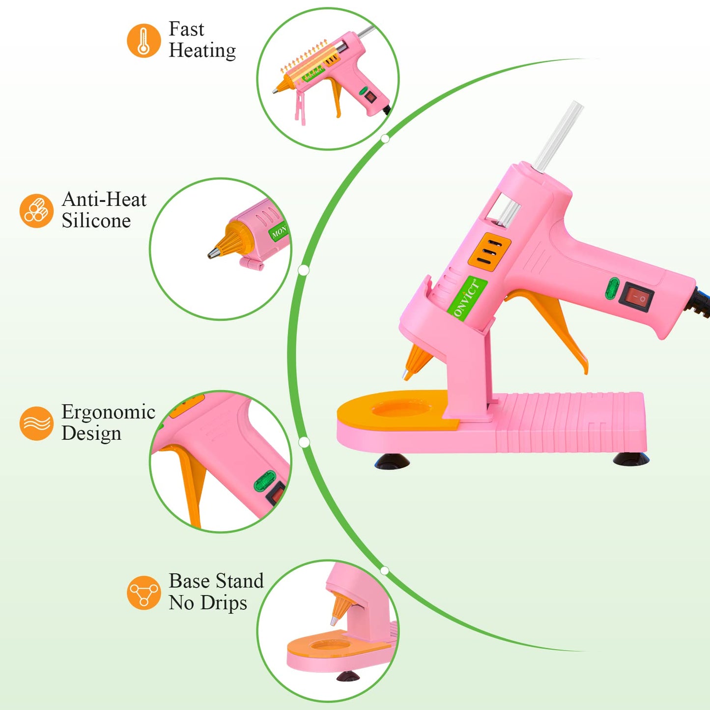 MONVICT Pink Hot Glue Gun Kit, Mini Glue Gun with Suction Cups Stand Anti Stick Silicone Mat, Hot Melt Glue Gun with Fine Tip & 30 Glue Sticks, On/Off Switch Design for DIY, Craft, Home School Project