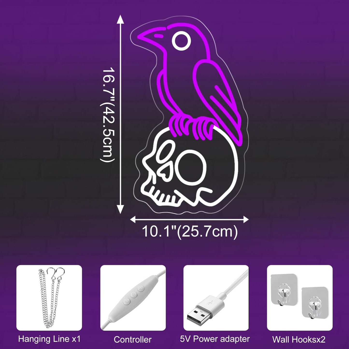 Raven on Skull Neon Sign, Purple Crow Cold White Skeleton LED Wall Light for Gothic Room, Halloween Decor, Man Cave, Dark Aesthetic Gift, Witchy Space 16.7" x 10.1"