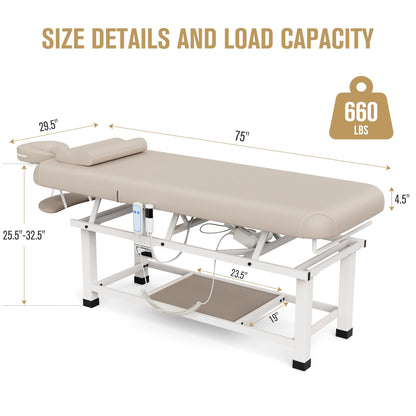 Heating Function 30 Wide x 75 Long Heavy Duty Electric Stationary Massage Table with Backrest Adjustable and Storage Space for Treatment/Medical Spa/Facial/Beauty/Massage Bed and More - Beige Gray