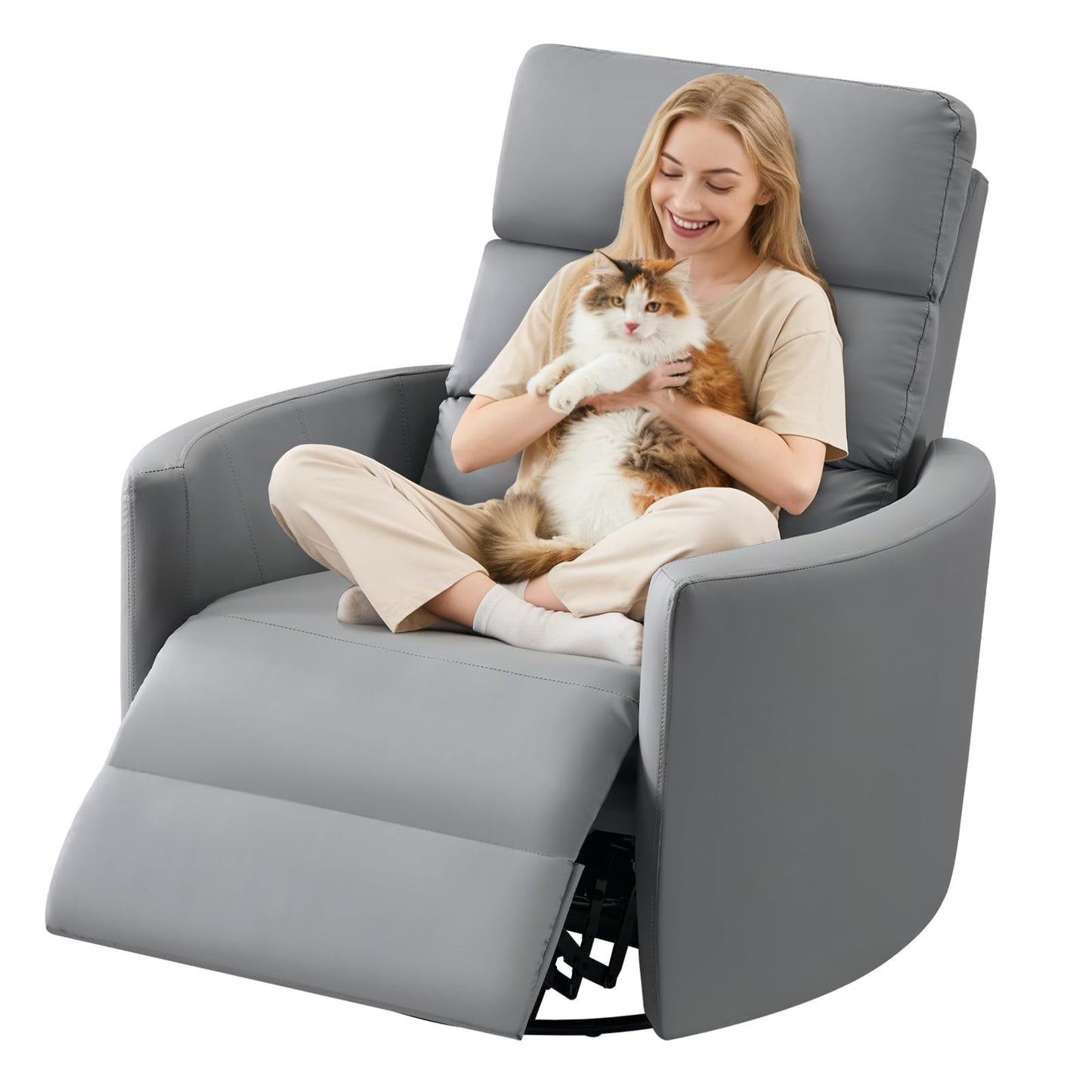 GRAINELL Oversize Power Swivel Recliner, 40in Wide Electric Glider Rocking Chair with Headrest Adjustment, USB Port, 270° Swivel, Rock 30°– for Living Room, Nursery, Leather Grey (5"7' to 6"1' Height)