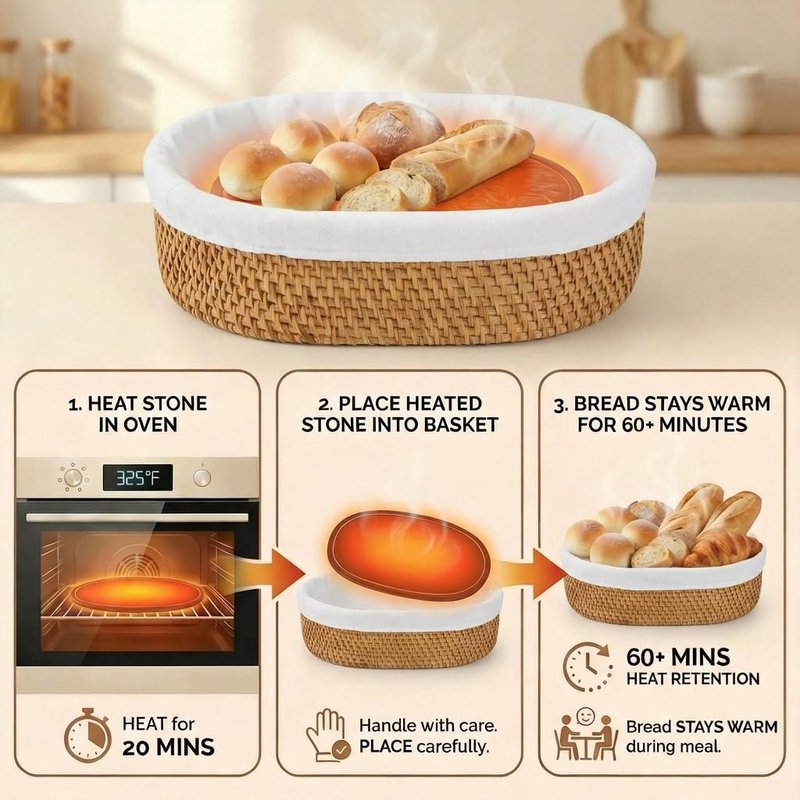 YANGQIHOME Bread Warmer Basket with Terracotta Warming Stone - Large Bread Basket for Sourdough, Tortillas, Rolls - Keeps Bread Warm 60+ Minutes - Includes Lid, Tongs & Liner