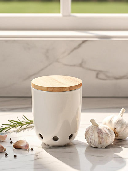 LEETOYI Ceramic Garlic Keeper for Counter, Garlic Holder with Wood Lid, Garlic Container for Kitchen, Garlic Saver to Keep Your Garlic Cloves Fresh Longer (White)