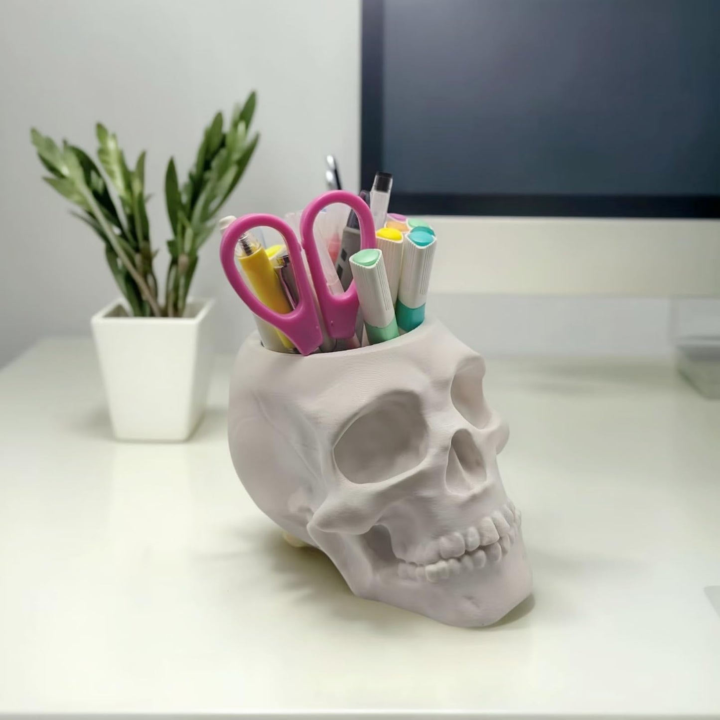 3D Printed Skull Pen Pencil Holder, Makeup Brush Holder, Vanty Desk Office Organzer Goth Decorations Gothic Skulls & Bones Large Capacity Organizer (White)