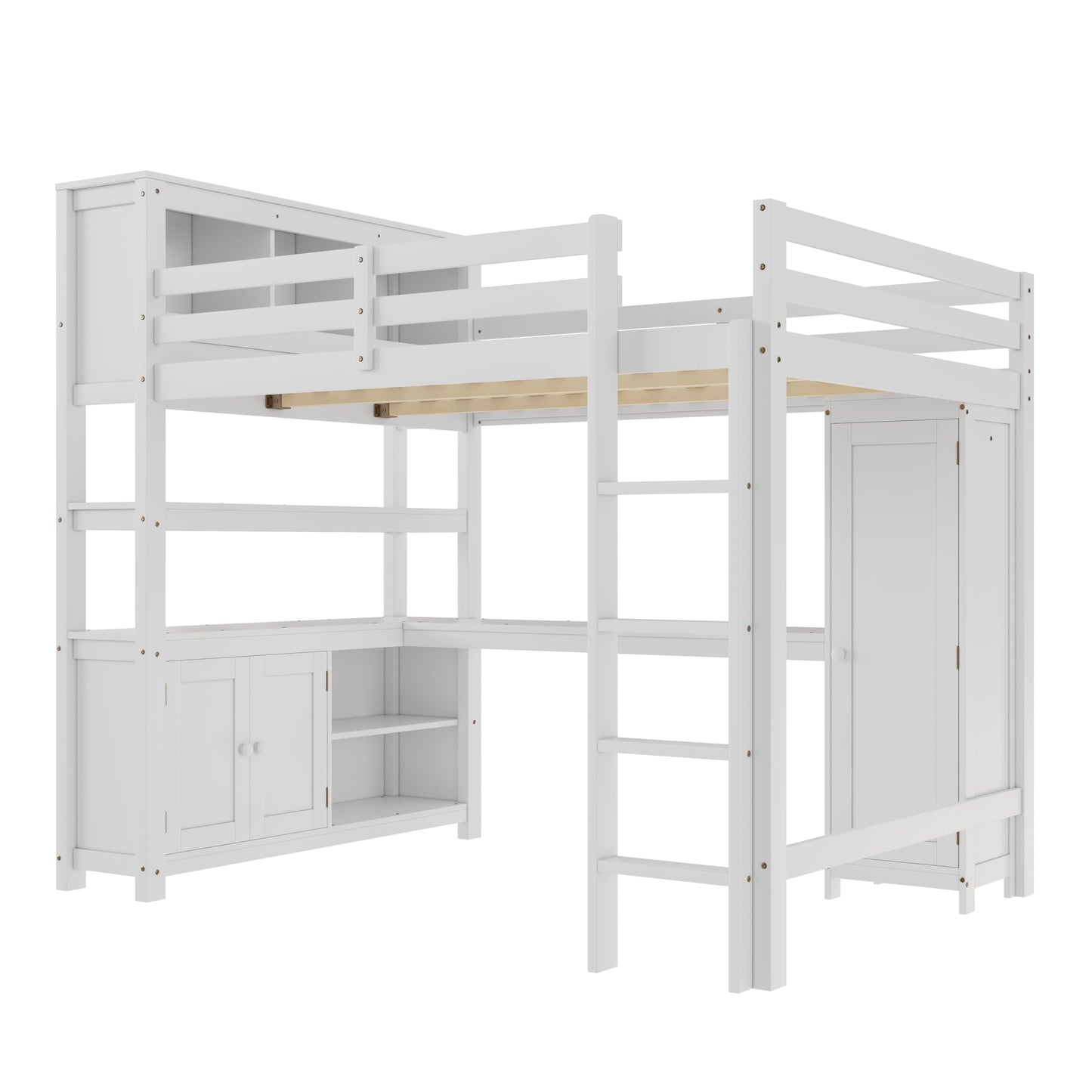 Bellemave Solid Wood Queen Size Loft Bed with Desk and Wardrobe,Loft Bed Frame with Storage Shelves and Bookcase for Kids,Teens,Adults,Queen Size,Space Saving,White