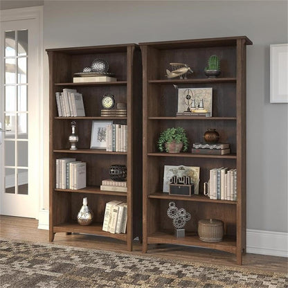 Bush Home Salinas Tall 5 Shelf Bookcase - Set of 2 in Ash Brown, Vertical Office Storage, Bookshelves for Home Workspace, Multi-Purpose Shelving Units
