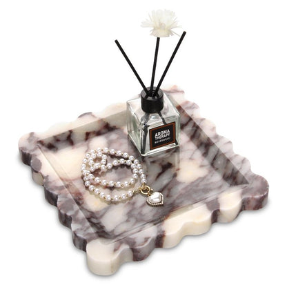Square Marble Decorative Tray with Scalloped Edge,Luxury Natural Calcutta Stone Bathroom Vanity Tray, Dresser Top Perfume Coffee Home Sink Tray, Key Trinket Ring (Turkey Calacatta Viola, 8 * 8)