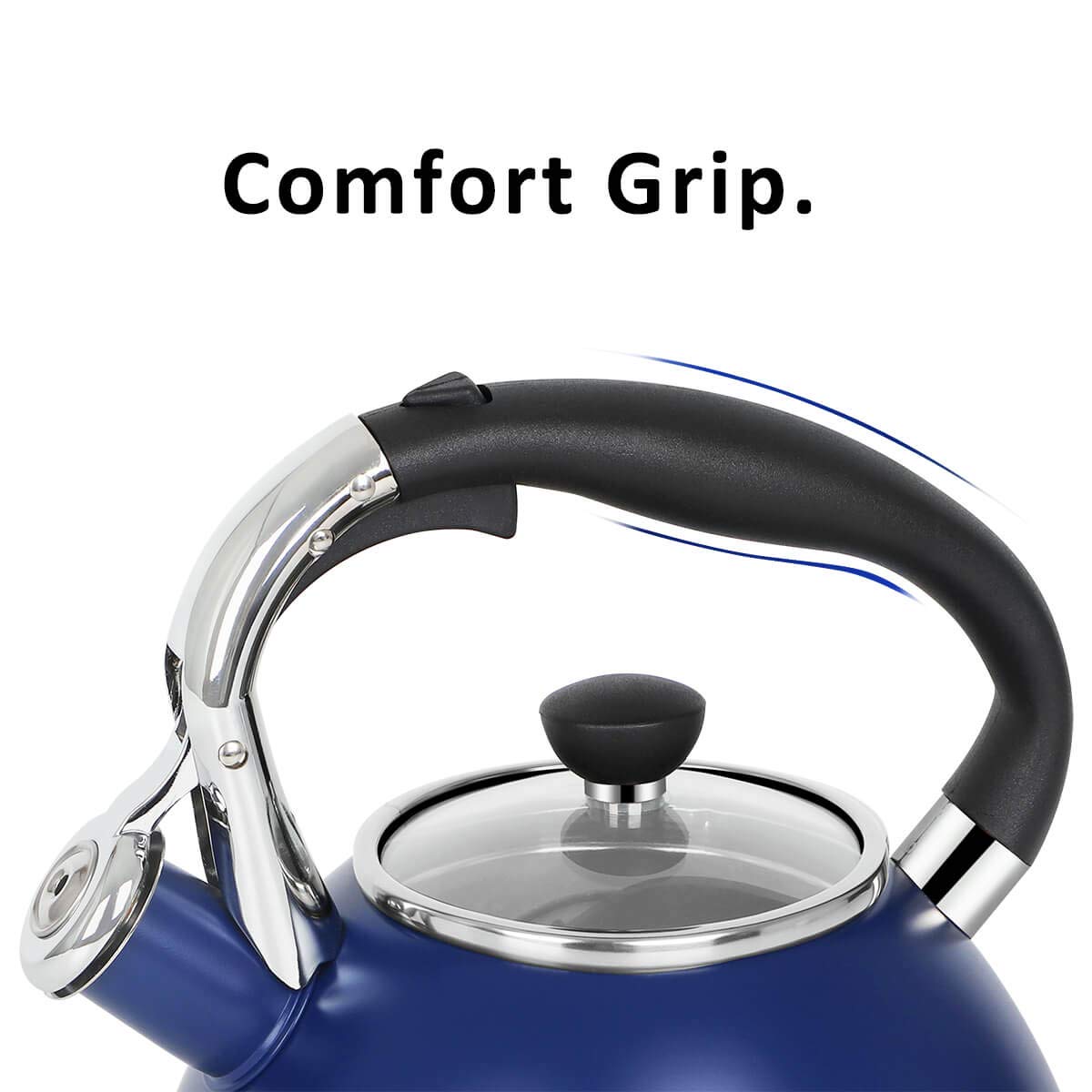Rorence Stainless Steel Tea Kettle: 2.6 Quart Whistling Kettle with Capsule Bottom & Heat-resistant Glass Lid – Navy Blue