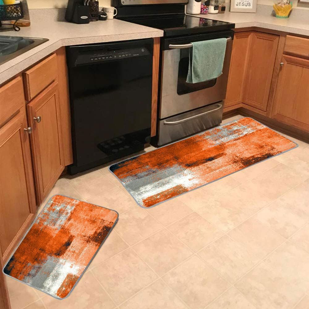 TOMWISH 2Pcs Kitchen Rugs Set, Orange Red Non-Slip Waterproof Kitchen Mats for Floor Office Dining Room