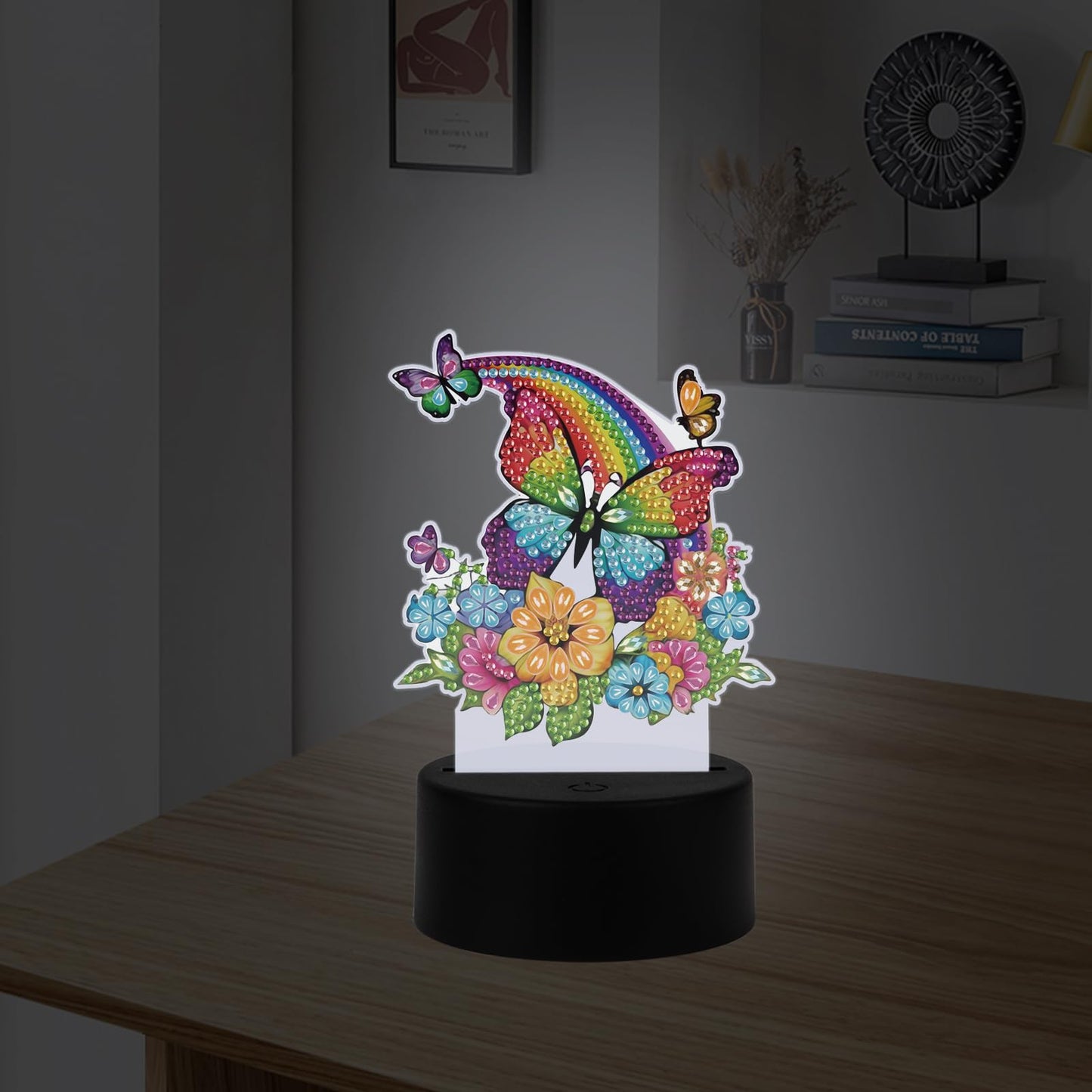 JISHSHAY Diamond Painting Night Light Diamond Art Table Lamps Gem Art LED Lights Gem Painting Desk Lamp Mosaic Kits for Adults DIY Kits for Adults with Special Drill Rainbow Butterfly Flower