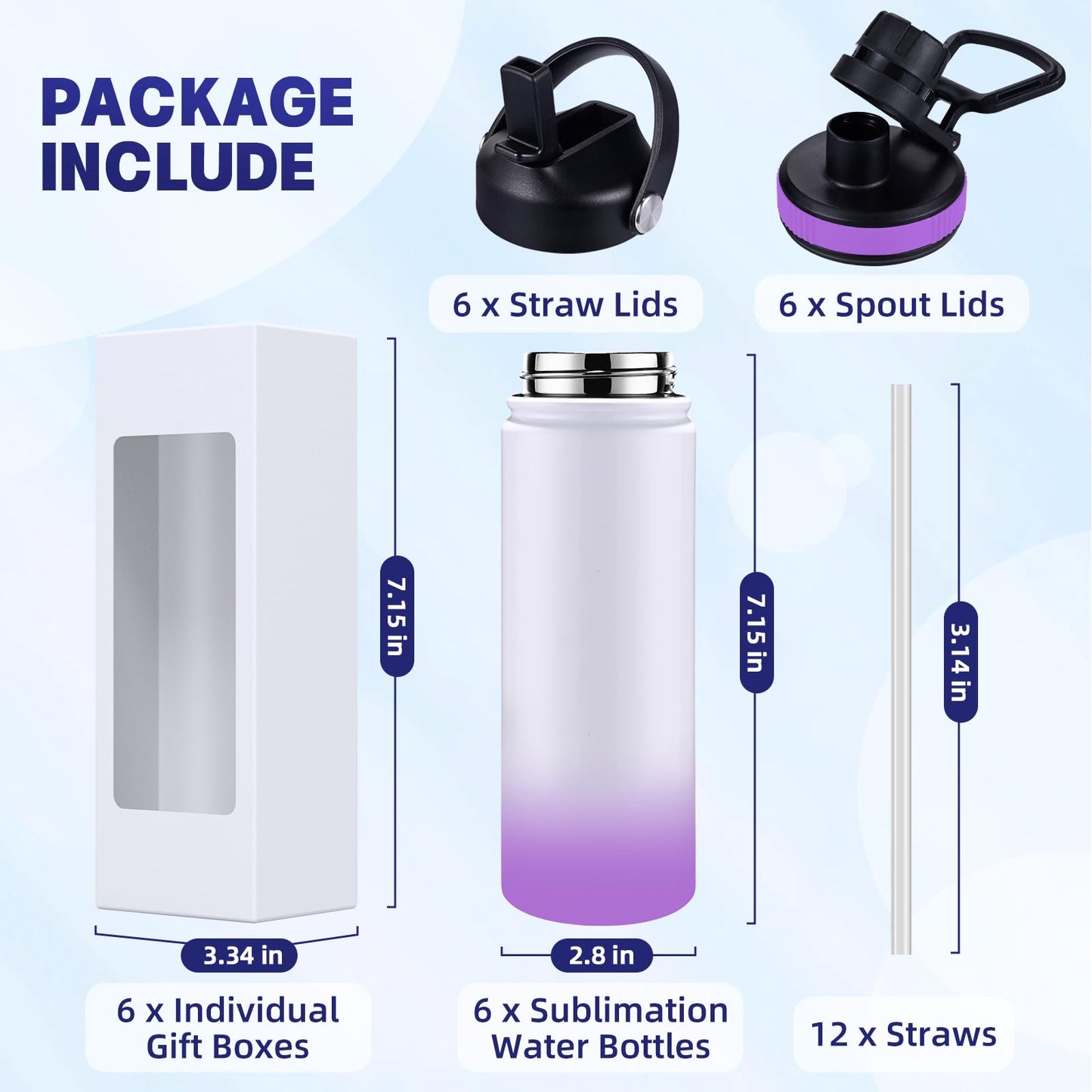 CoolSub Sublimation Sports Water Bottle Blanks, 20oz Sublimation Tumblers Double Wall Stainless Steel Sublimation Cups with Wide Mouth Lid and Straw 6 Packs Purple