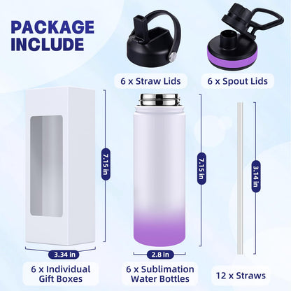 CoolSub Sublimation Sports Water Bottle Blanks, 20oz Sublimation Tumblers Double Wall Stainless Steel Sublimation Cups with Wide Mouth Lid and Straw 6 Packs Purple