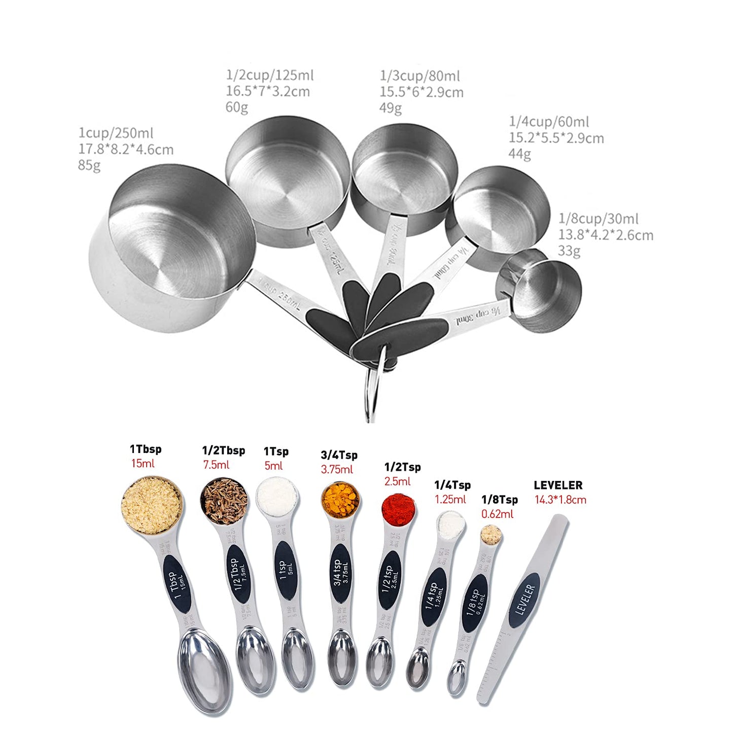 Measuring Cup and Magnetic Measuring Spoons Set, 5 Stainless Steel Nesting Measuring Cup & 7 Double Sided Stackable Magnetic Measuring Spoons & 1 Leveler, for Cooking Dry and Liquid Ingredient