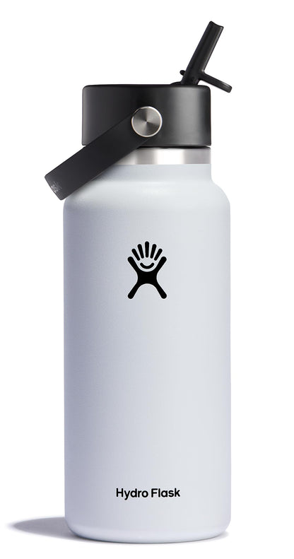 Hydro Flask Water Bottle - Insulated Stainless Steel - Wide Mouth Flex Straw Lid, Non Spill, Leakproof and Refillable in 32 Oz White