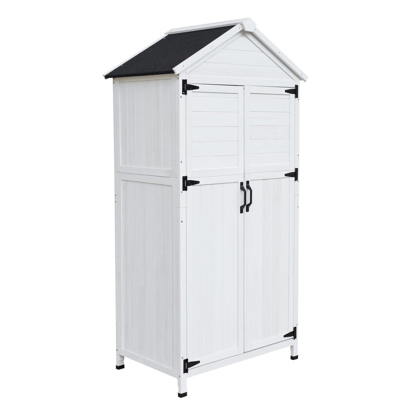 Christopher Knight Home Neapo 67" Outdoor Storage Shed, Spacious Storage Garden Tools Shed, Fire Wood Tall Sheds, Two Open Doors, Wooden Panel Design, Easy Organize Lawn Mowers, Shovels, Pots, White