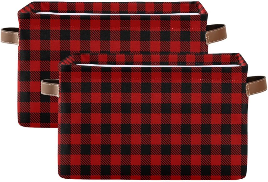 Christmas Red Buffalo Plaid Storage Basket, Fabric Laundry Baskets for Winter Holiday Decorations, 16×12×8 Inches